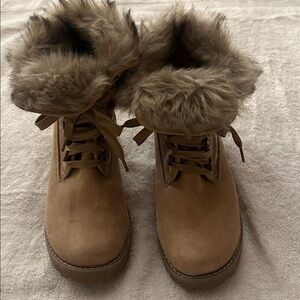 Cliffs by WHITE MOUNTAIN Tan Faux-Fur Trim Ankle Booties